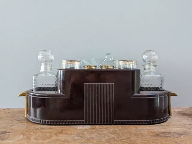 1930's Art Deco Bakelite Bar Caddie in Brown with Gold Accented Federal Glass