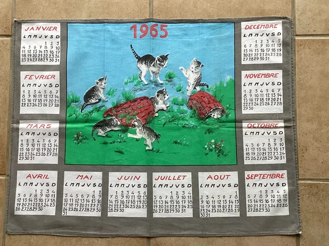 Torchon Vintage Années 60 – Calendrier 1965 – Tissu Multicolore Déco Rétro