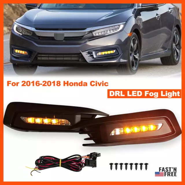 For 2016 2017 2018 Honda Civic DRL Fog Light Daytime Running LED W/Turn Signal