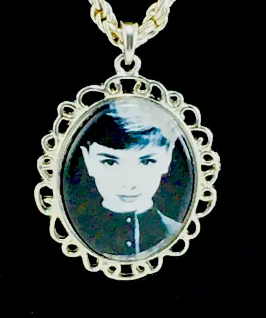 Oval Vintage Silver Tone Black and White Photo of Audrey Hepburn Necklace.