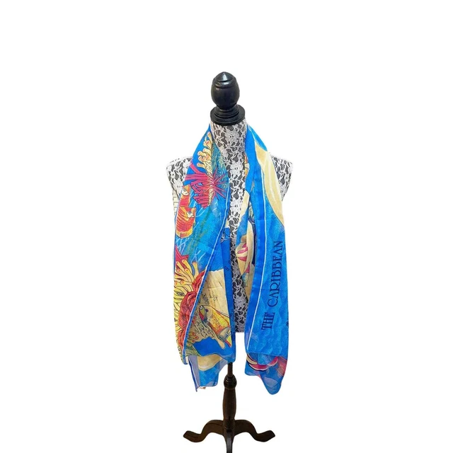 RIMA Beachwear Caribbean Islands Scuba Diving & Dolphins Blue Multicolored Scarf