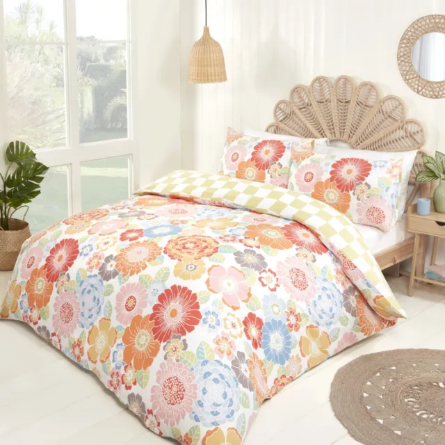 Floral Duvet Covers Retro Reversible Check Easy Care Quilt Cover Bedding Set