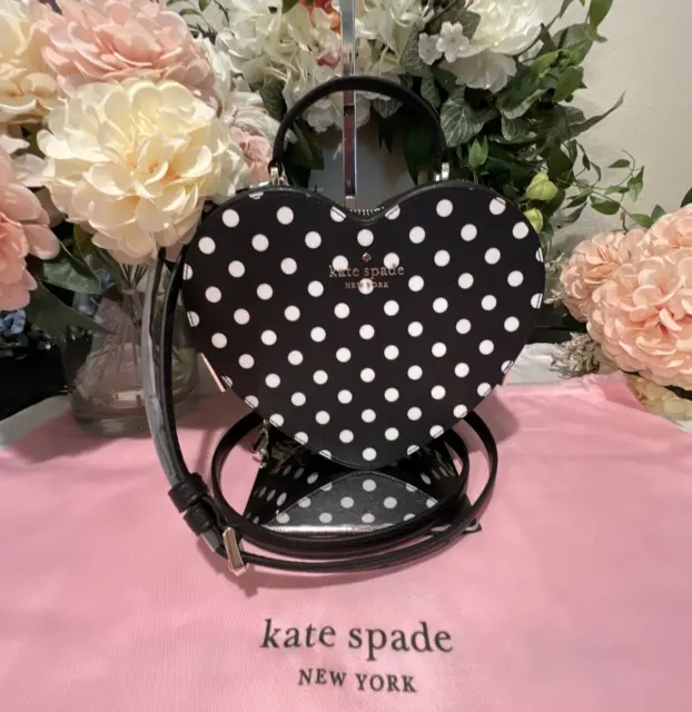 New Kate Spade Love Shack Heart Purse Polka Dot Black Multi