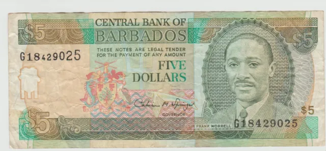 Billet 5 Dollars BARBADOS  Caraïbes 1996