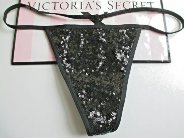 VICTORIA'S SECRET Black Sequin V-String Thong Panty S M L XL Sexy Shine Glitter