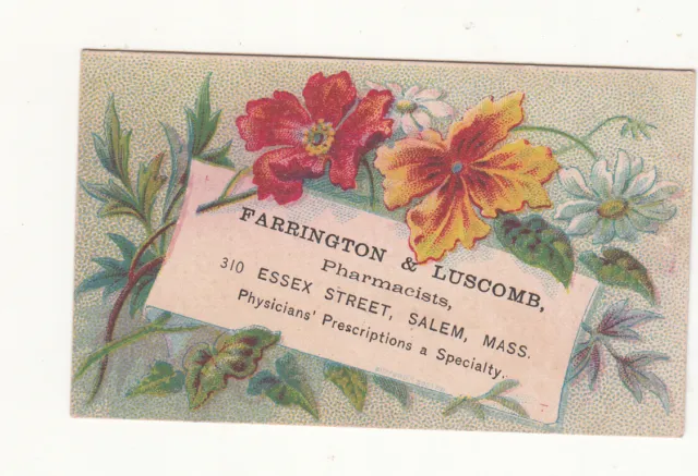 Farrington & Luscomb Pharmacists Salem MA Orange Flowers Vict Card c1880s