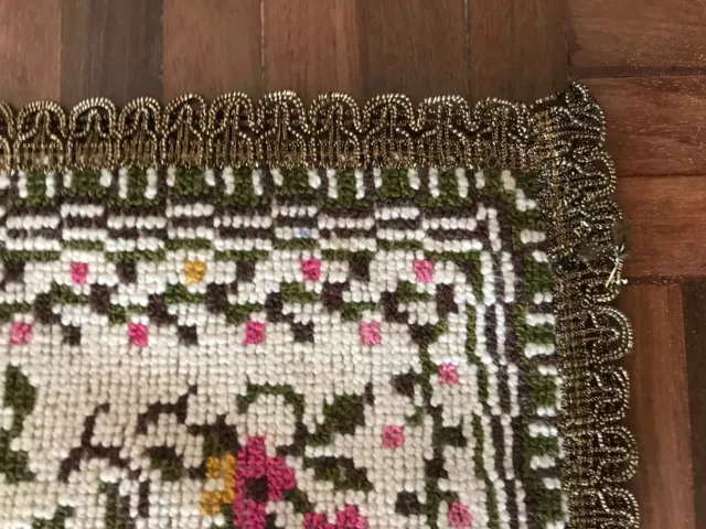 Antique french knot tapestry needlepoint table runner floral roses metallic trim 3