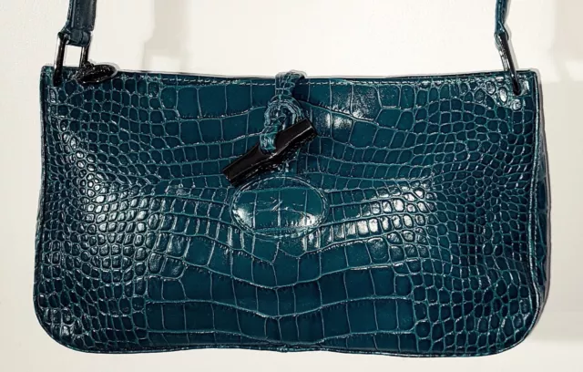 Longchamp Roseau Green Croc Embossed Toggle Shoulder Bag 3