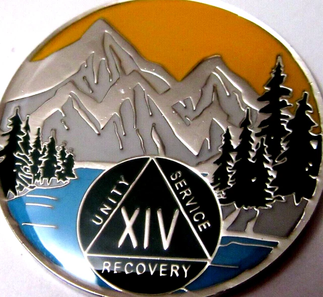 Moneda medallón de plata azul montaña verde Alcohólicos anónimos 14 años AA ficha