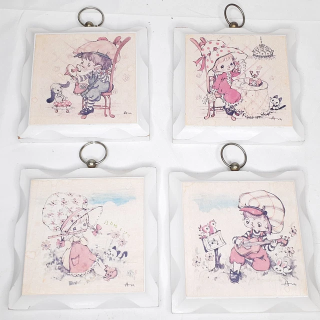 Homco White Painted Wood Boy & Girls Nursery Wall Hanging Plaque 4 Piece Set