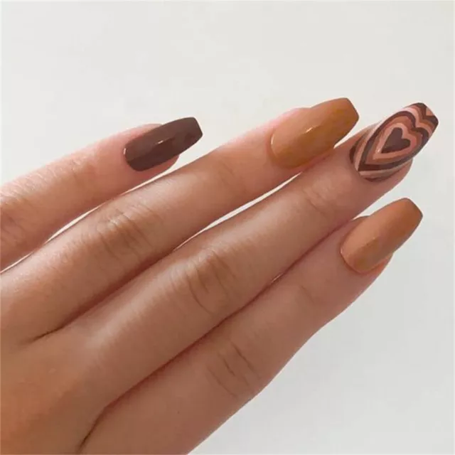 Ataúd largo corazón marrón francés prensa de uñas para arte de uñas 24 piezas