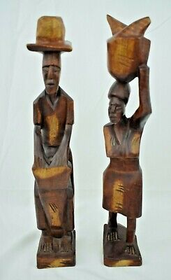 Vintage - Hand Carved Wooden African Figures Pair (Man & Woman) 13.5" Tall