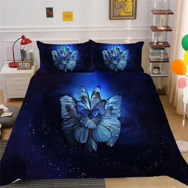 Blue Butterfly Flower Quilt Duvet Cover Set Bedding Super King Comforter Cover