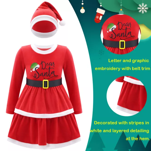 Costume di Natale bambina bambina manica lunga abito in velluto abiti cappello da Babbo Natale