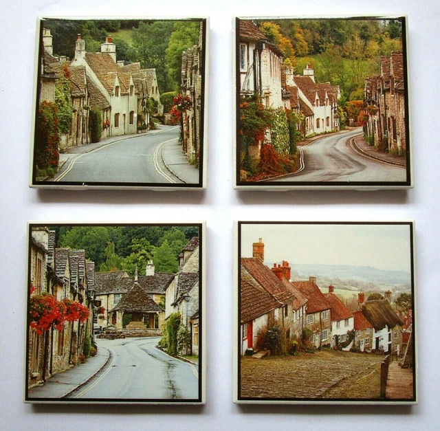 Set of 4 Ceramic Tile Drink Coasters with Holder, English Cottages Illustration