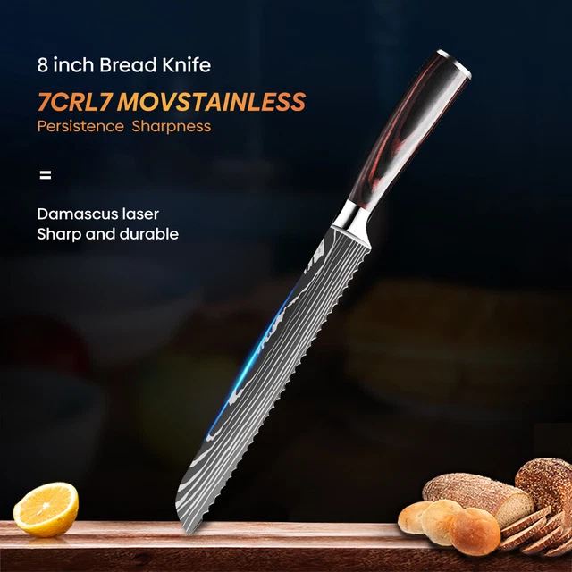 Brotmesser 8 Zoll Küchenmesser Edelstahl Damaskus Muster Kochmesser Gemüsemeser