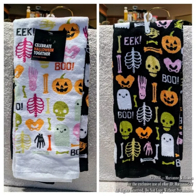 2 New Halloween Kitchen  Towels Skulls Ghosts Skeletons Bones Black White