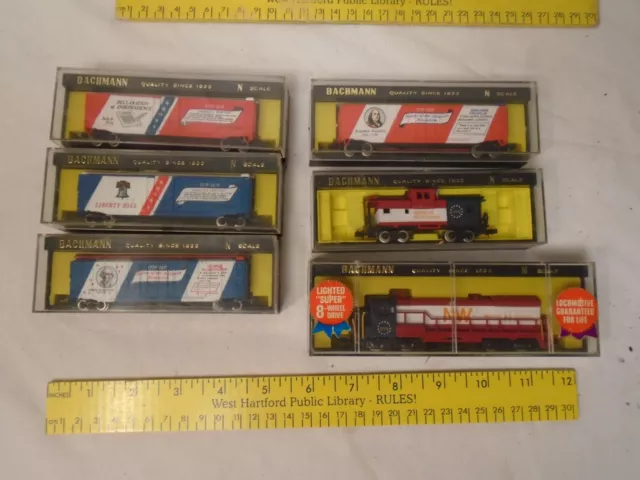 1976 N-Scale Train Lot: 1 Engine, 4 Box Cars, Caboose, Bachmann Bicentennial EX+