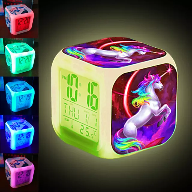 Kids Unicorn Alarm Clock LED Digital Color Changing Light Night Glowing Desk Top 2