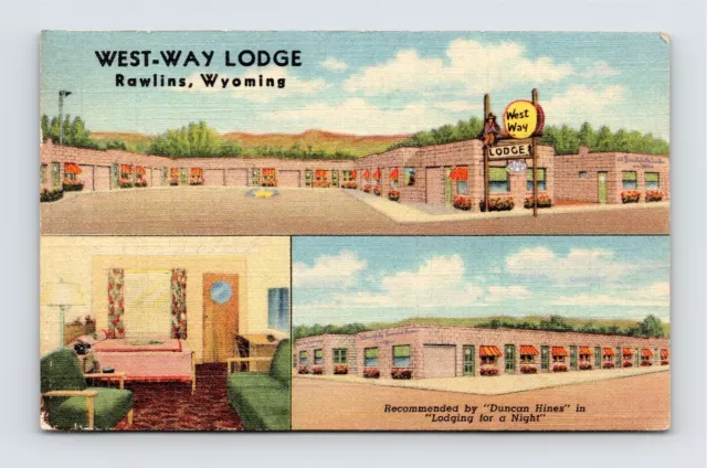 West-Way Motor Lodge Rawlins Wyoming Linen Business Card AAA United Motor Courts