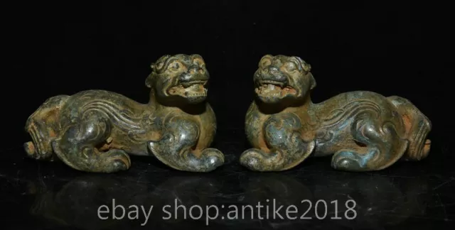 4.6" Old Chinese Ancient Bronze Ware Dynasty Pixiu beast unicorn Statue Pair