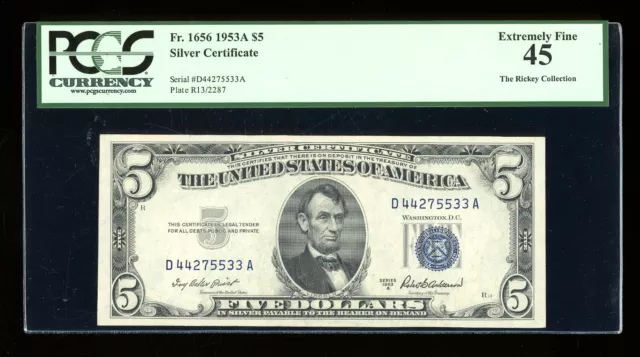DBR 1953-A $5 Silver Fr. 1656 DA Block PCGS 45 Serial D44275533A