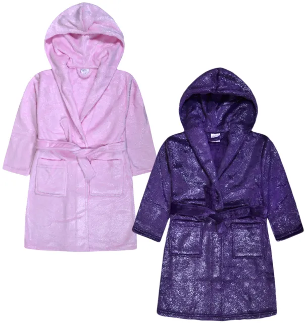 Girls Glitter Dressing Gown Kids Night Robe Pink Purple Age 2 3 4 5 6 Years