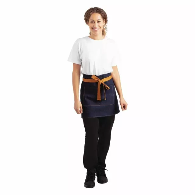 Whites Chefs Clothing Unisex Bistro Apron in Denim Blue Polycotton with Tan Ties