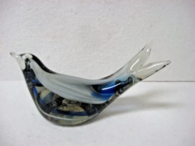 VTG  art glass sparrow bird split tail GRAY cobalt blue swirl inside Paperweight