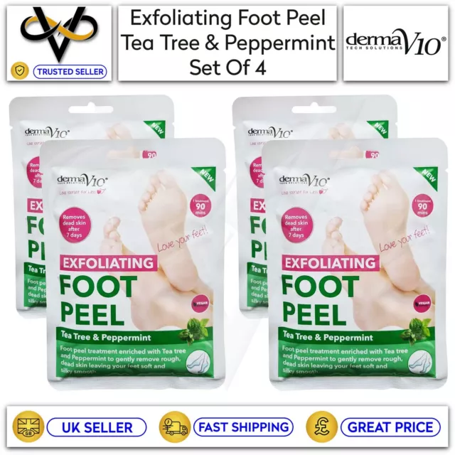 4 x Derma V10 Exfoliating Foot Peel Tea Tree & Peppermint Removes Dead Skin