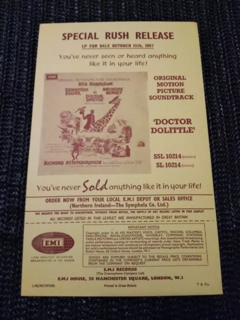 1967 SPECIAL RUSH RELEASE Record advertising Flyer: DOCTOR DOLITTLE Soundtrack