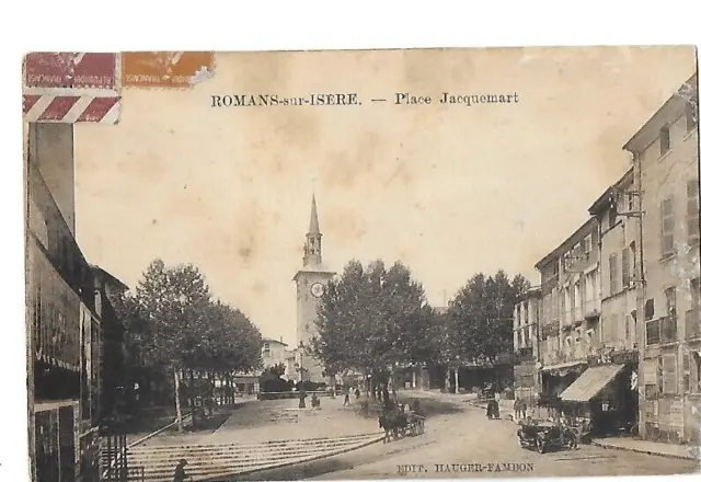 2 CPA old postcard Romans sur Isère Place Jacquemart café & barracks