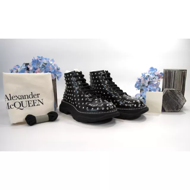 $1.2K Alexander McQueen Black Canvas Pearl Tread Slick Boots 40 9US