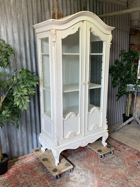 Antique Style White French Armoire Cupboard Display Cabinet Shelves Glass Doors
