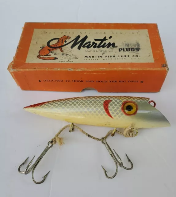 VTG MARTIN SILVER Scale 6KS-11 Wood Salmon Plug Glass Eyes Lure