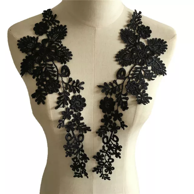 1Pair Black Flower Embroidered Neckline Lace Collar Trim Sewing Patch Applique