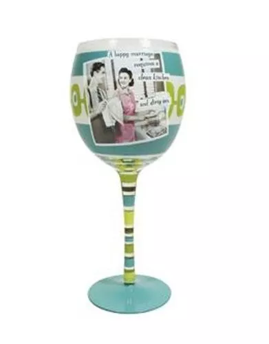 Retro Naughty Novelty Wine Glass -Happy Marriage RequiresClean Kitchen Dirty Sex