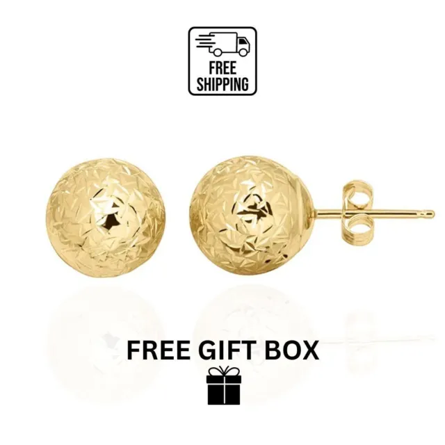 14k Solid Yellow Gold Diamond Cut Ball Stud Butterfly Push Back Earrings