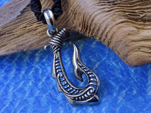 Dragon Fish Hook Pendant Macrame Necklace Hei Matau Hand 1.5" Tall