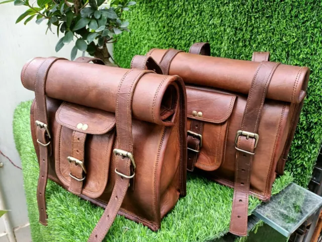 Paire de sacs de selle de moto en cuir véritable vintage, marron, bras...