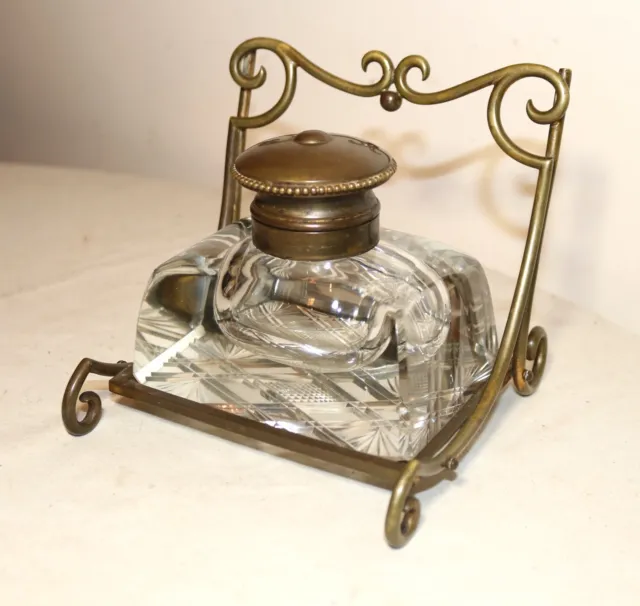 HUGE antique French gilt bronze cut crystal inkwell writing desk jar 1800 stand