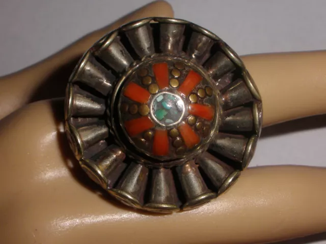 Large Antique Tibetan tribal coral turquoise silver plate ring size 8 statement