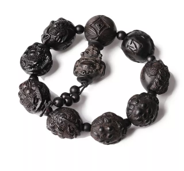 Ebony Wood Hand Carved 3 Legged Toad Bracelet Bead Buddhism Feng Shui Decor