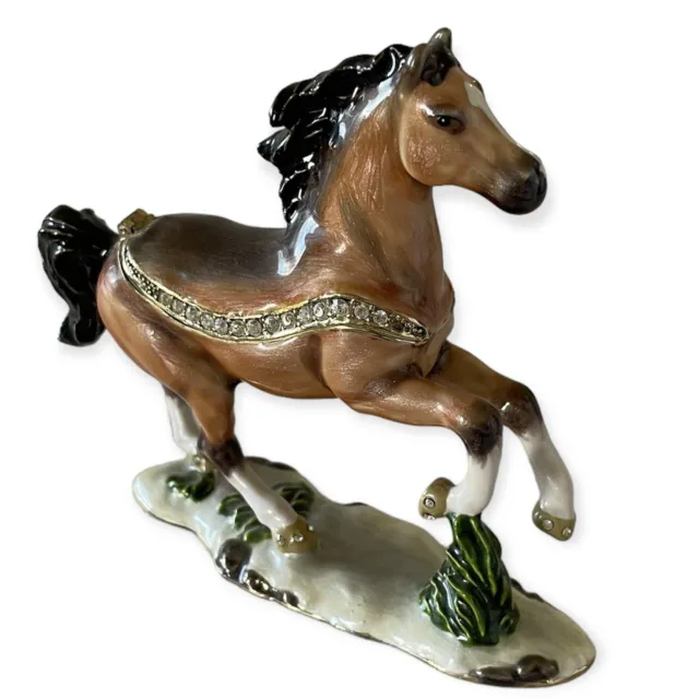 Enameled Horse Galloping Stallion Trinket Box With Crystals Hinged Opening