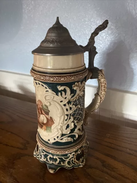 Vintage German Beer Ceramic Stein With Pewter Lid