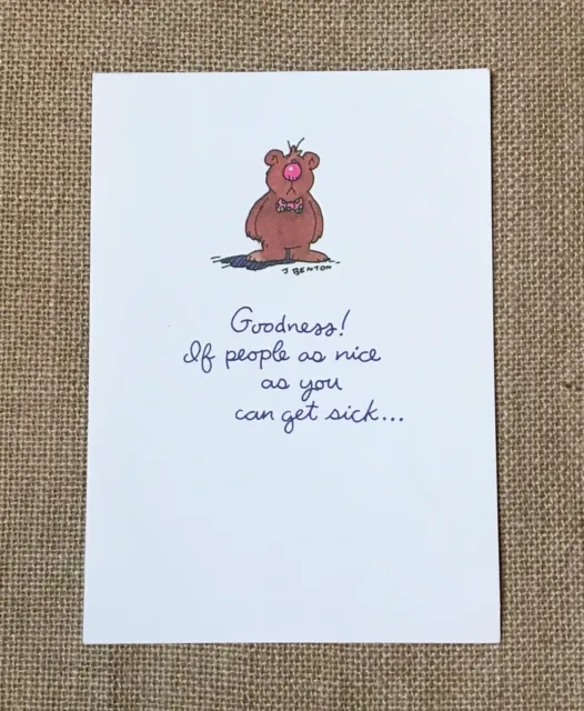 J Benton Illustration Get Well Greeting Card Sad Teddy Bear Bow Tie Pink Nose