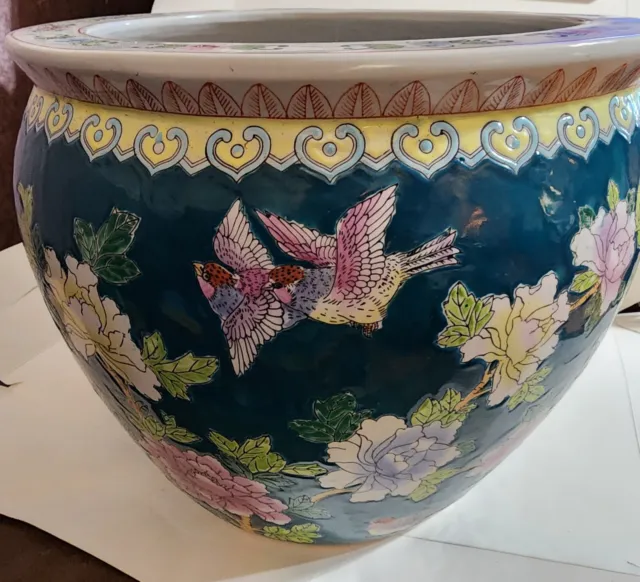 12" Vintage Chinese Koi Fish Porcelain Jardiniere Blue with Floral Fish Bowl