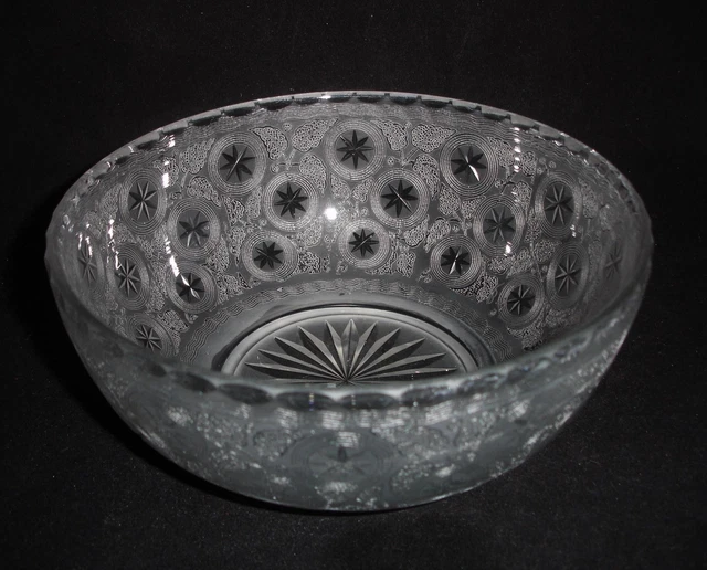 Unusual Pressed and Cut Antique Glass Bowl with Leaves and Stars