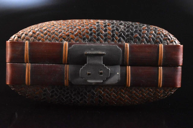 K6477: XF Japanese Old Wooden Wickerwork/Ajiro-shaped CONTAINER Accessories Box