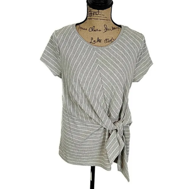 Umgee Womens sz S Top Gray Striped Ribbed Knit Short Sleeve Knot Tie Front